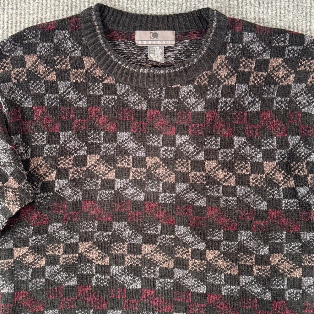 VTG 90s Cosby Sweater Mens M Knit Crewneck‎ Checkerboard Grunge Whimsigoth